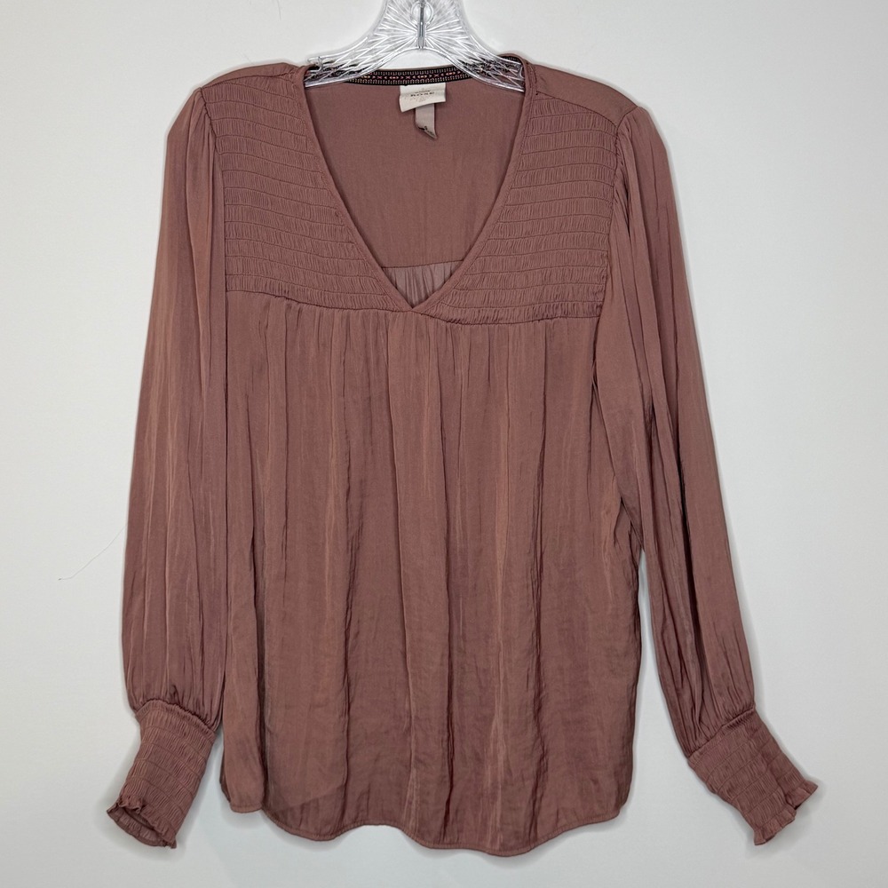 Knox Rose Mauve Smocked V Neck Long Sleeve Blouse Top Women's Size S Cute Trendy